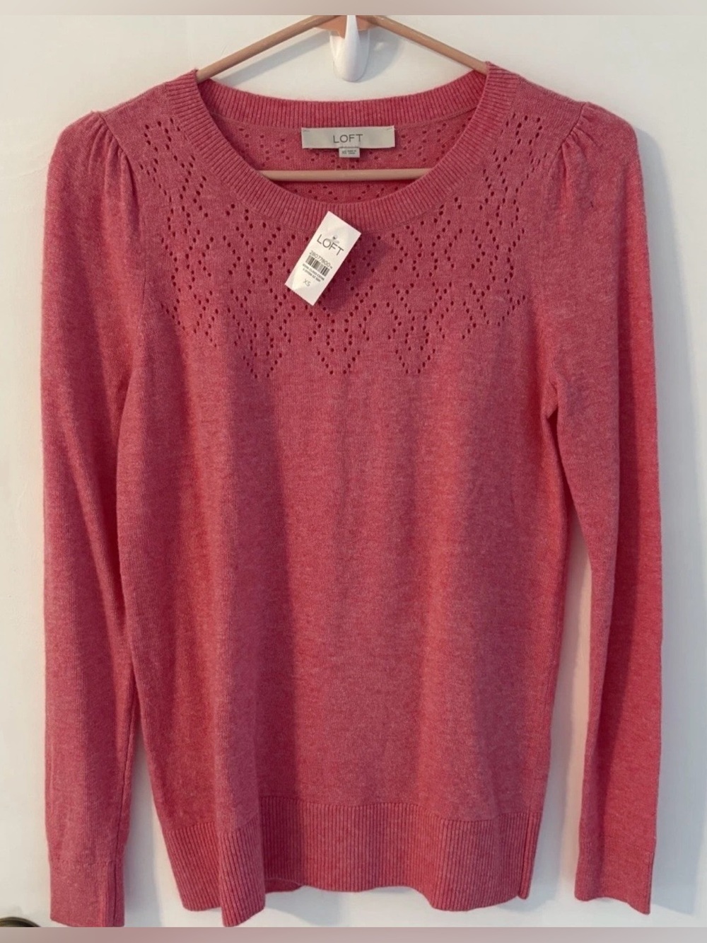 LOFT Coral Pointelle Puff Sleeve Wool Blend Crewneck Sweater XS New!